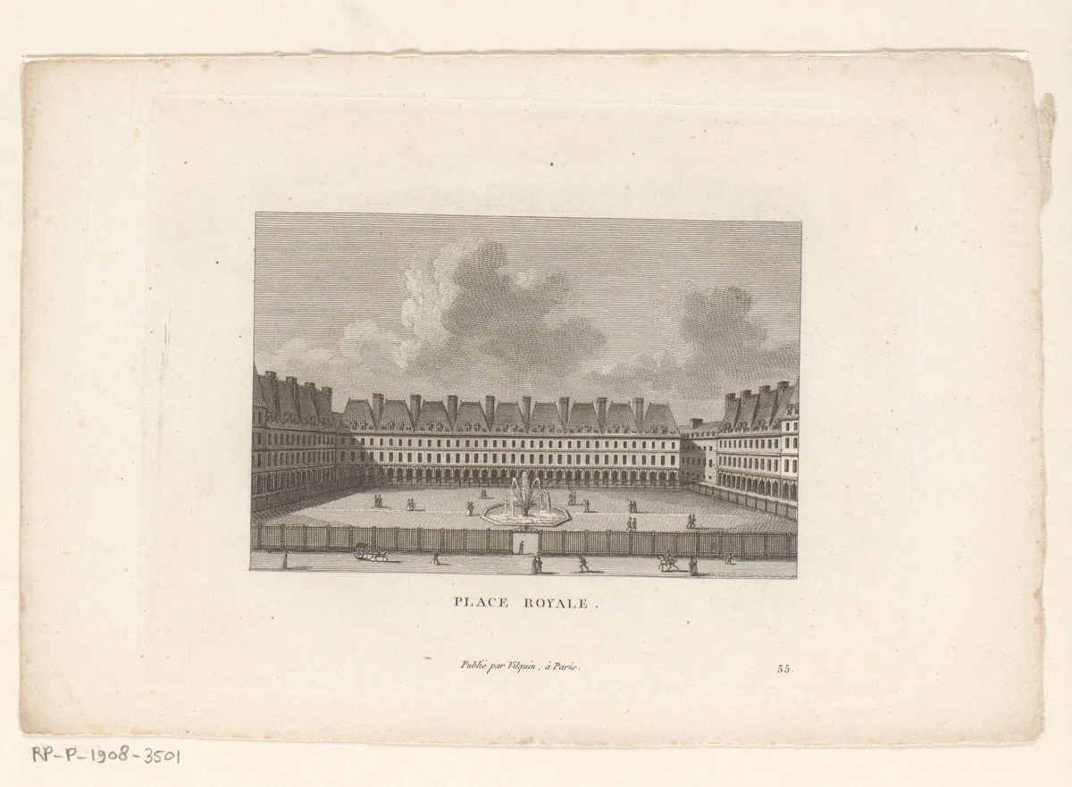 Gezicht op het Place des Vosges te Parijs by François Louis Couché, print, 1818
