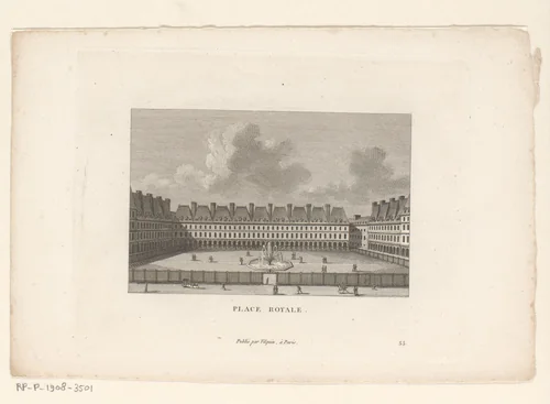 Gezicht op het Place des Vosges te Parijs by François Louis Couché, print, 1818