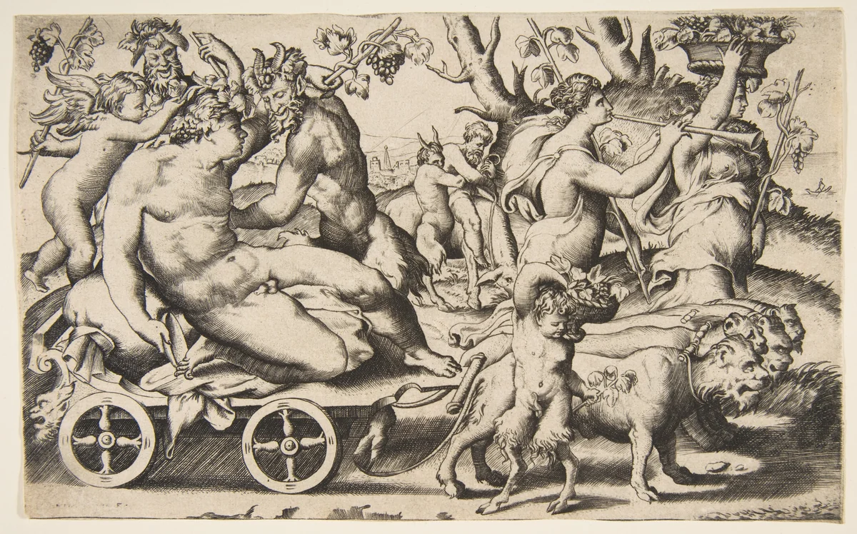 Triumph of Bacchus who is seated on a carriage at left by Giulio Bonasone, print, 1531-1576