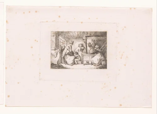 Groep rond een voorlezende vrouw by Eugène Verboeckhoven, print, 1830