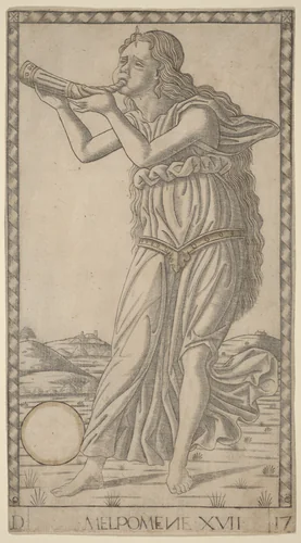 Melpomene by Master of the E-Series Tarocchi, print, 1465