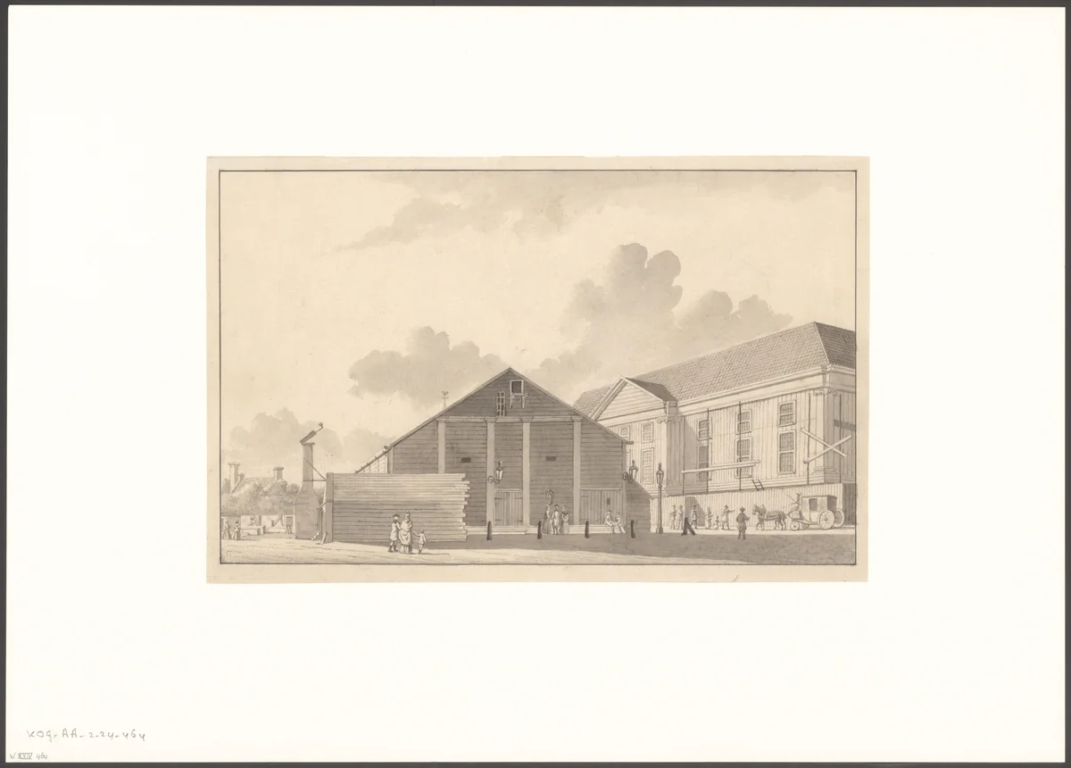 Gezicht op de bouw van de eerste Stadsschouwburg op het Leidseplein by anonymous, drawing, 1774