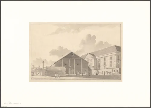 Gezicht op de bouw van de eerste Stadsschouwburg op het Leidseplein by anonymous, drawing, 1774