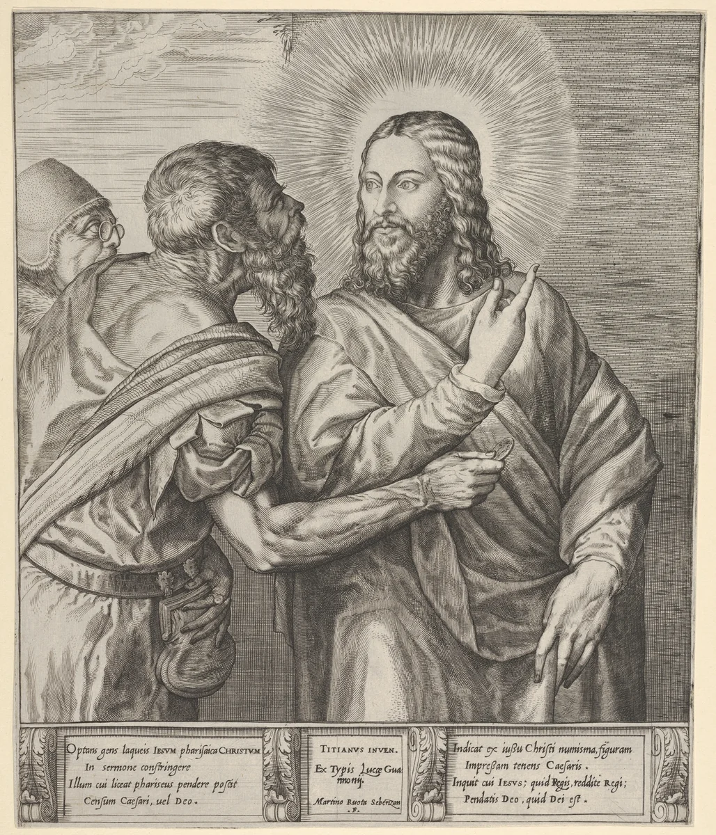 The Tribute Money: two Pharisees, one holding out a coin in his right hand, approach Christ from the left by Martino Rota, print, 1560-1568