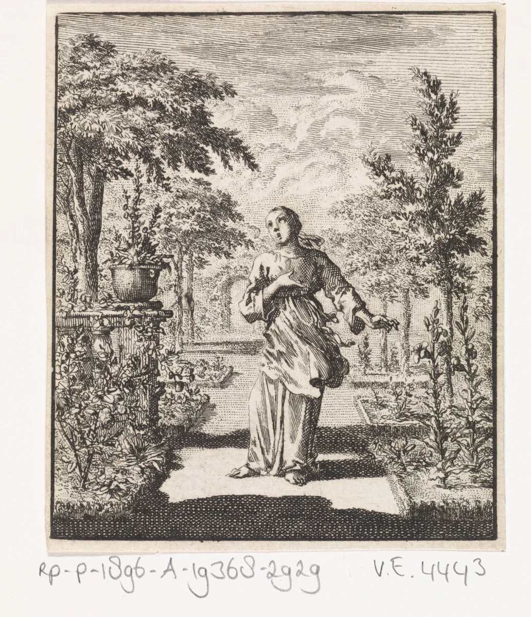 Gepersonifieerde ziel staande in een tuin by Jan Luyken, print, 1714