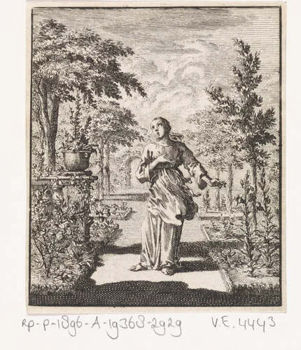 Gepersonifieerde ziel staande in een tuin by Jan Luyken, print, 1714