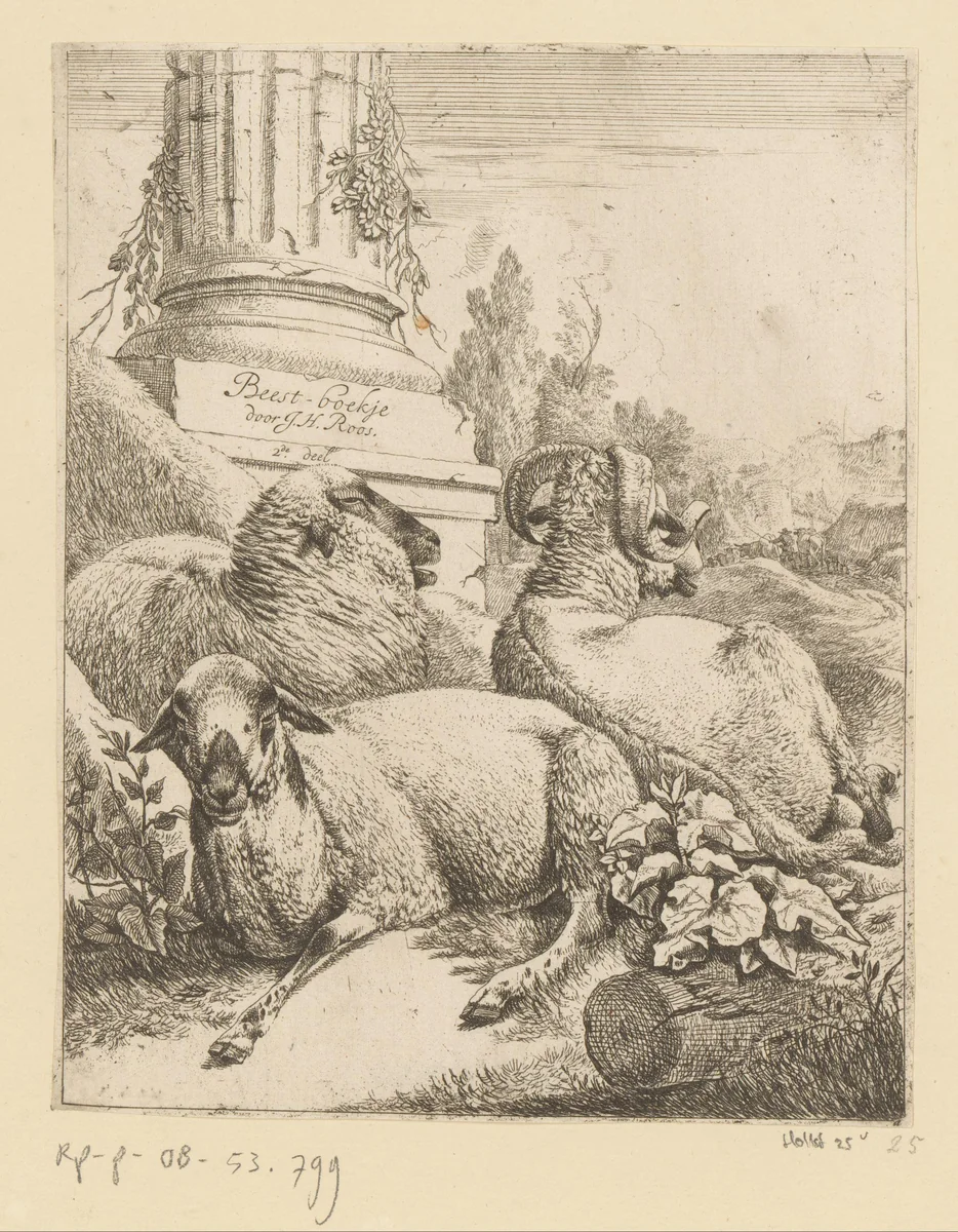 Twee schapen en een ram bij voet van een zuil by Johann Heinrich Roos, print, 1668-1670