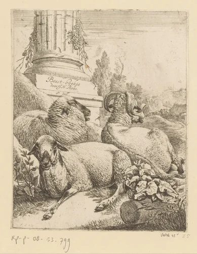Twee schapen en een ram bij voet van een zuil by Johann Heinrich Roos, print, 1668-1670