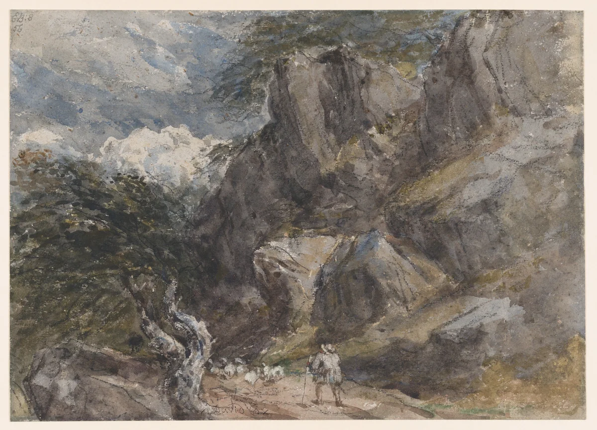 Driving sheep in a rocky landscape by David Cox, drawing, 1841-1851
