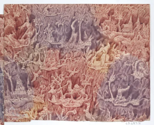 Sheet with figures in landscapes in red, purple, and yellow by anonymous, print, 1700-1800