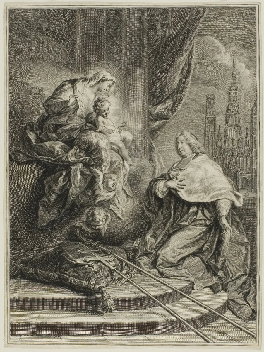 Portrait of Louis de la Vergne de Tressan, Count of Lyon, Archbishop of Rouen by Pierre-Imbert Drevet, print, 1717-1739