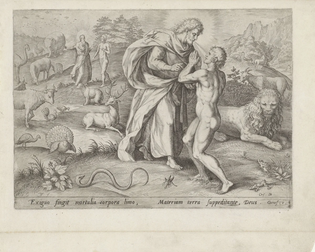 Schepping van Adam by Unknown, print, 1575