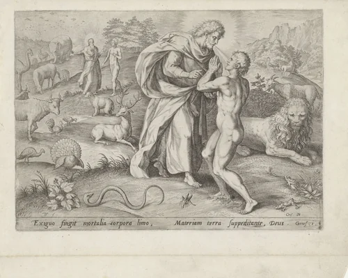 Schepping van Adam by Unknown, print, 1575
