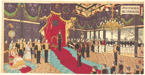 View of the Issuance of the State Constitution in the State Chamber of the New Imperial Palace by Adachi Ginkō, print, 1889