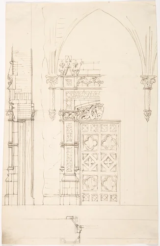 Design for a Gothic Wall and Door by anonymous, drawing, 1840-1900