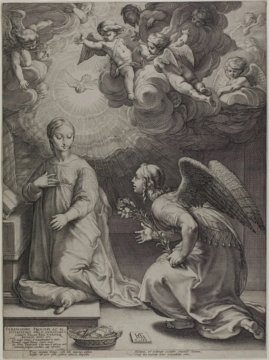 The Annunciation, plate one from The Birth and Early Life of Christ by Hendrick Goltzius, print, 1594