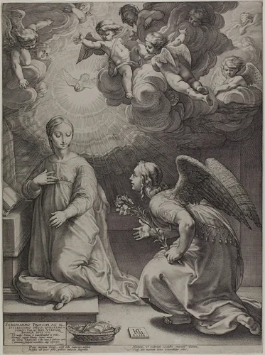 The Annunciation, plate one from The Birth and Early Life of Christ by Hendrick Goltzius, print, 1594