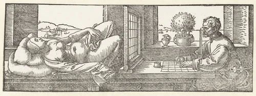 Een tekenaar tekent een vrouw by Albrecht Dürer, print, 1525
