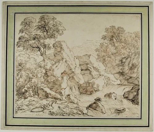 Warrior and Dog Resting by Rocky Rapids by Franz Kobell, drawing, 1769-1822