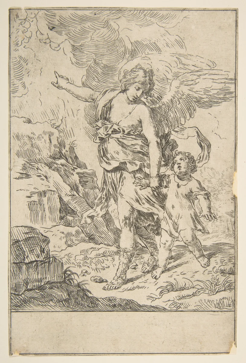 A guardian angel walking with a child by Simone Cantarini, print, 1635-1645