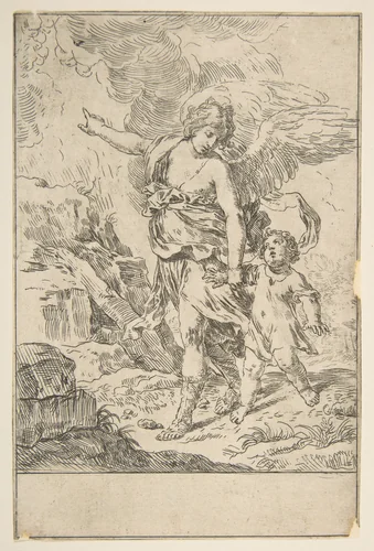 A guardian angel walking with a child by Simone Cantarini, print, 1635-1645