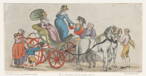 Ladies Getting Out of a Carriage (from Plate 16, Outlines of Figures, Landscapes and Cattle) by Thomas Rowlandson, print, 1790