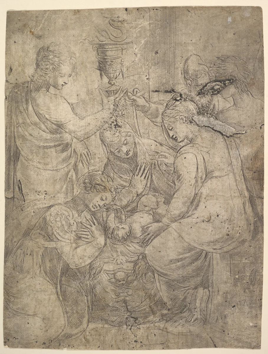 The Christ Child in the Cradle surrounded by adoring figures by Andrea Schiavone, print, 1545-1555