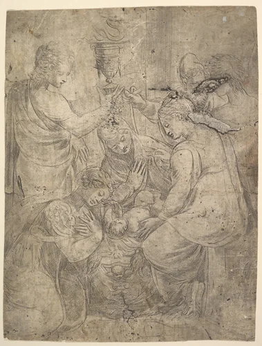 The Christ Child in the Cradle surrounded by adoring figures by Andrea Schiavone, print, 1545-1555