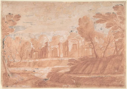 Landscape with Architectural Structure by anonymous, drawing, 1600-1700