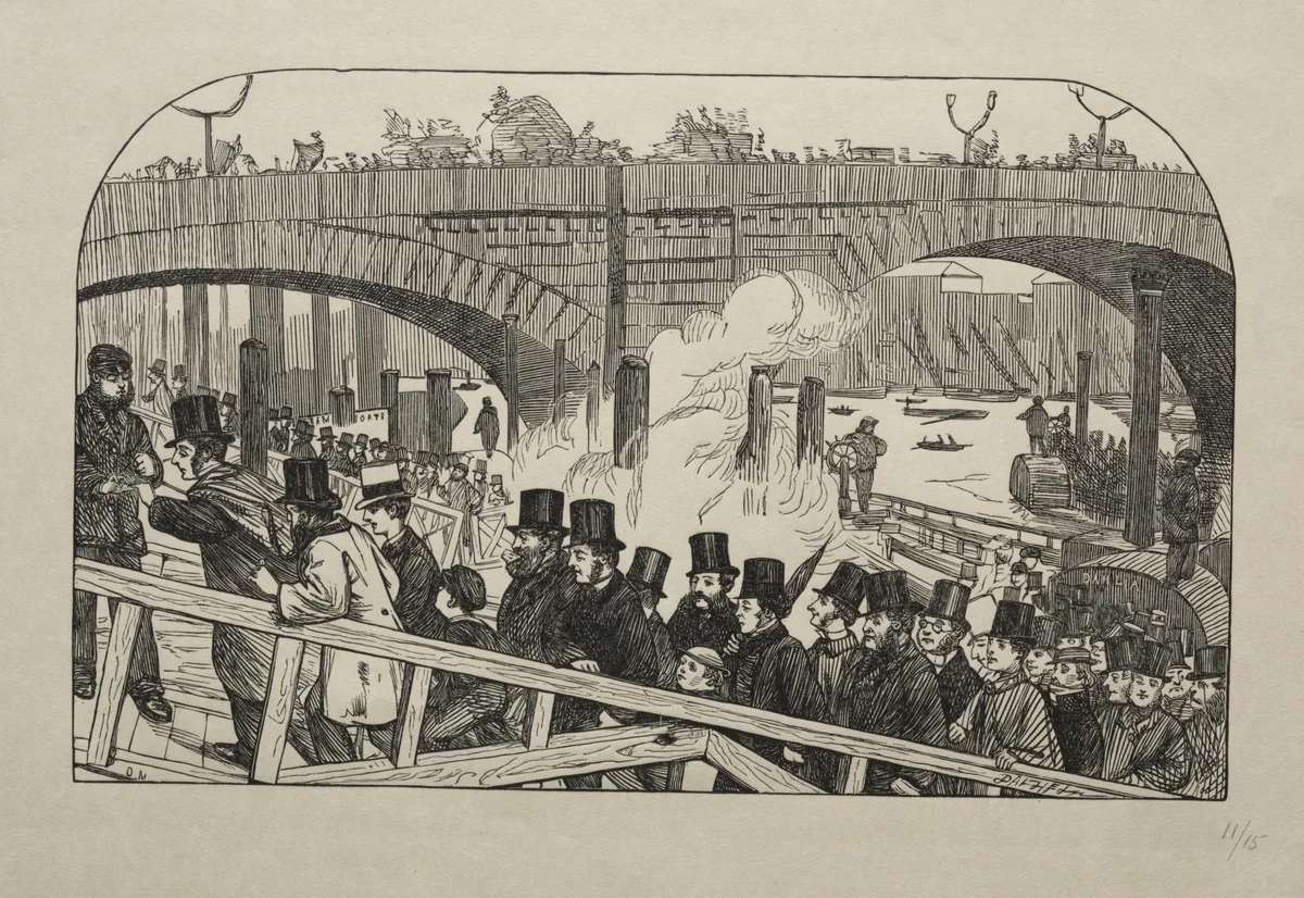 The Living Stream at London Bridge - Under the Bridge by George Du Maurier, print, 1863