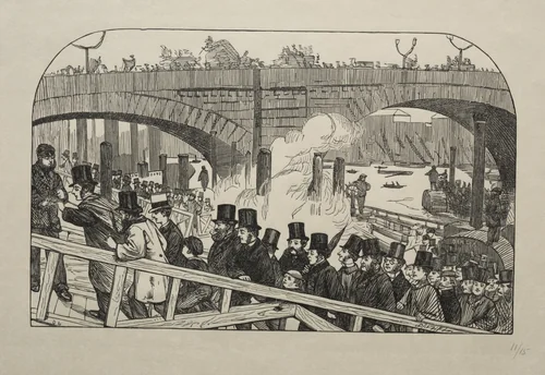 The Living Stream at London Bridge - Under the Bridge by George Du Maurier, print, 1863