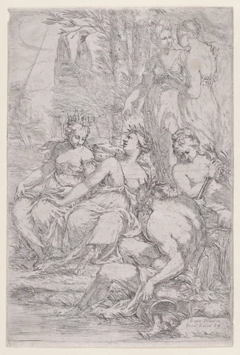 Five muses and a seated river god by Giuseppe Diamantini, print, 1650-1700