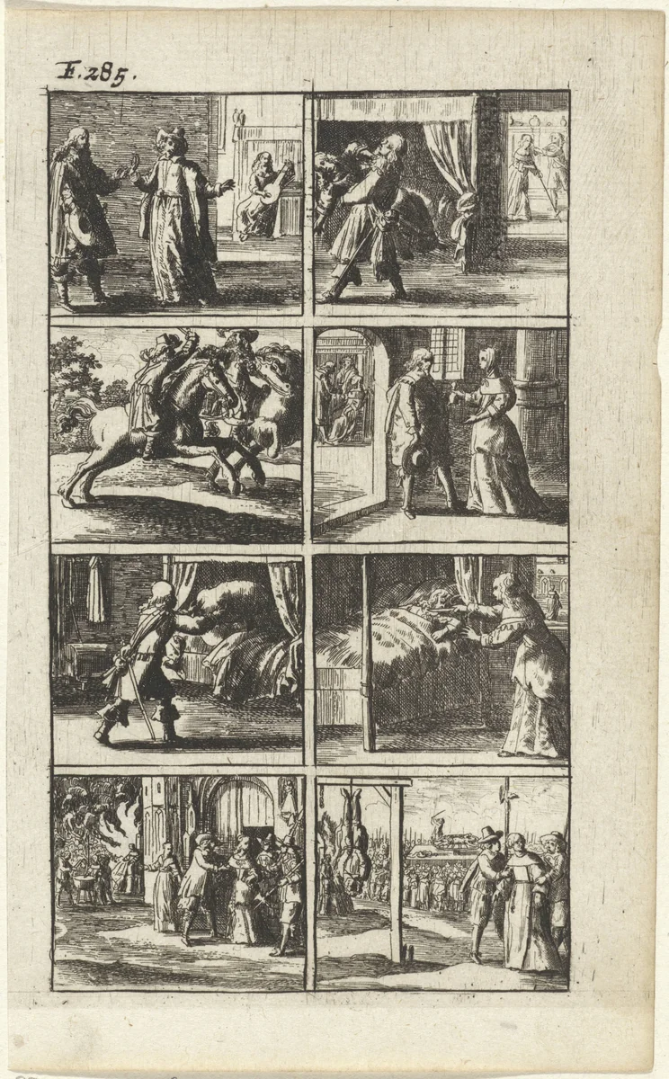 Verhaal met voorstellingen van moord en doodstraf (F. 285.) by Abraham Dircksz. Santvoort, print, 1667