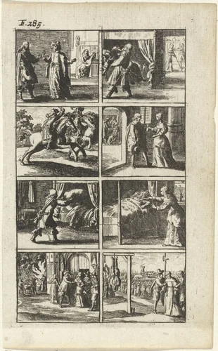 Verhaal met voorstellingen van moord en doodstraf (F. 285.) by Abraham Dircksz. Santvoort, print, 1667