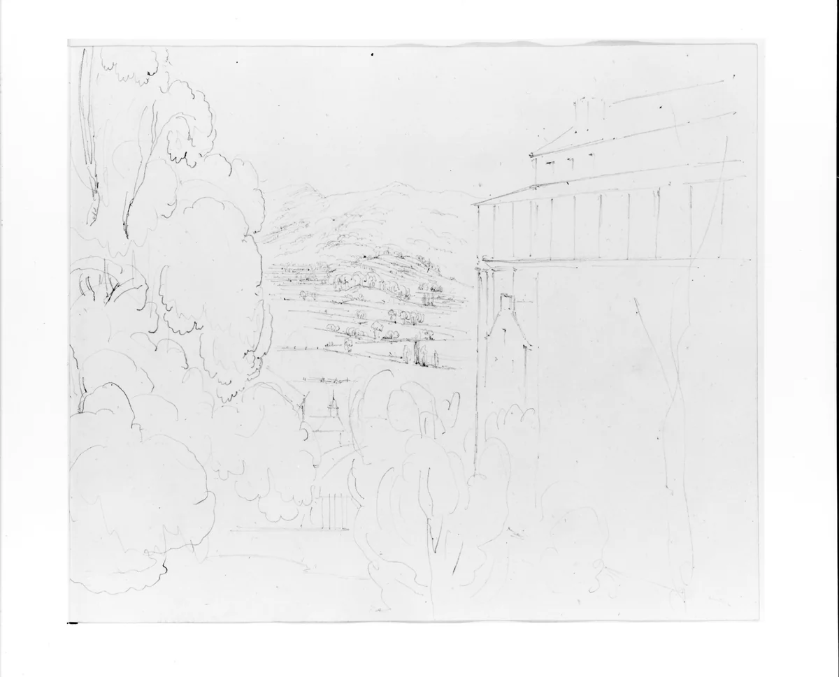 View of the Valley, from Between Trees and Mountain House (from Sketchbook) by John William Casilear, artwork, 1834-1838