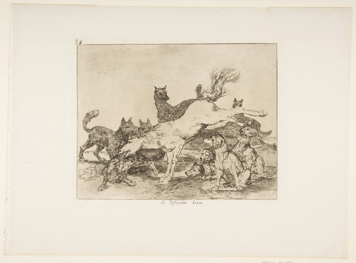 Plate 78 from "The Disasters of War" (Los Desastres de la Guerra): 'He defends himself well' (Se defiende bien) by Goya, print, 1814-1815