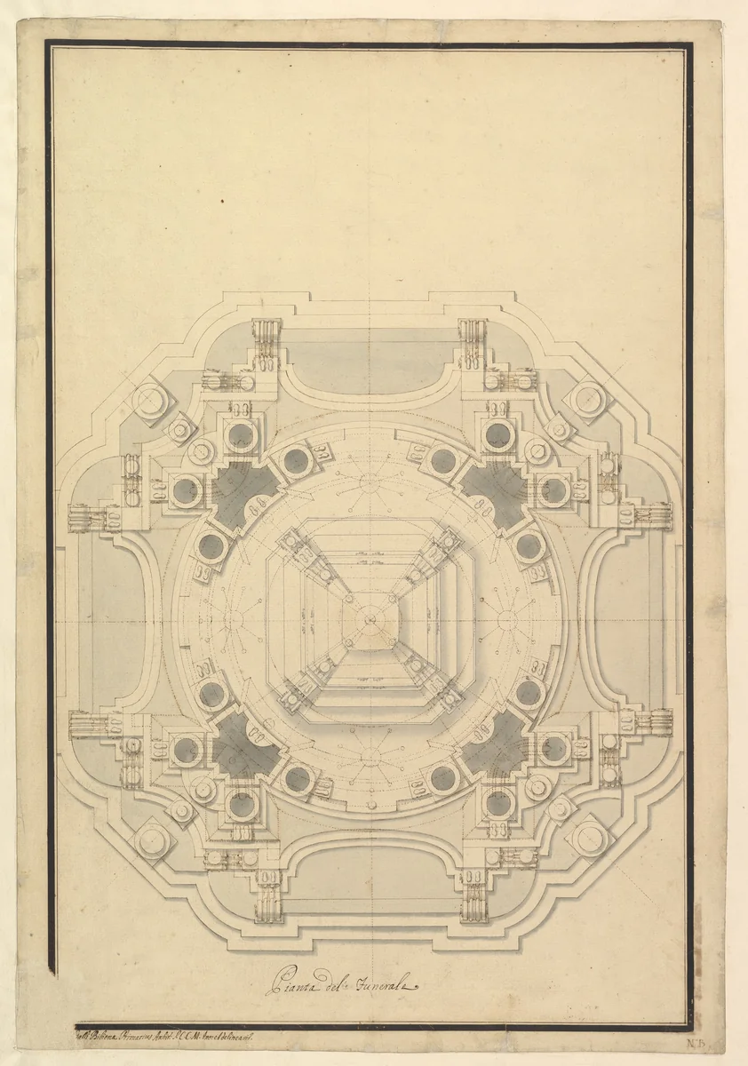 Ground Plan for the Catafalque for Louis XIV (d. 1715) by Giuseppe Galli Bibiena, drawing, 1710-1720