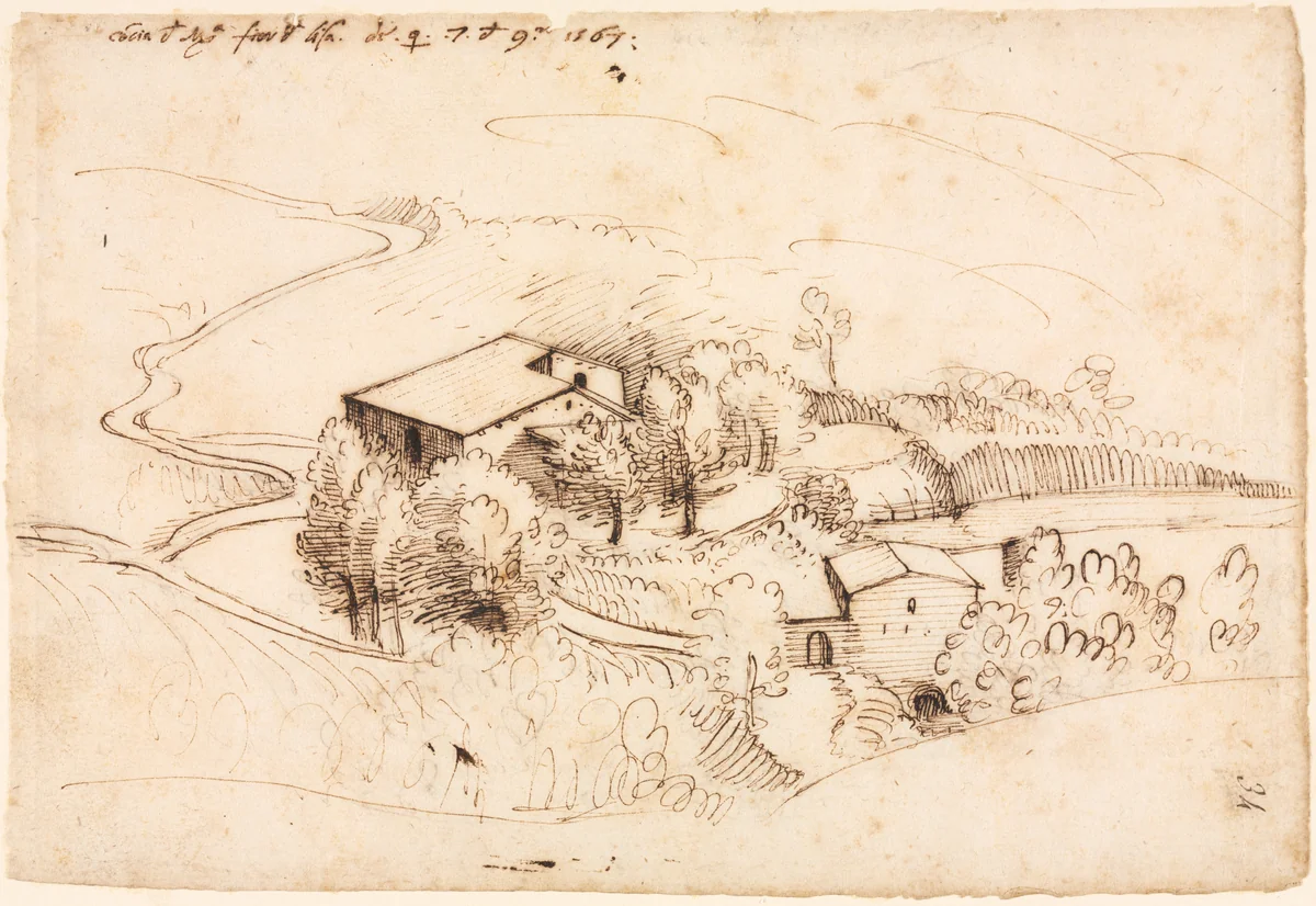 Farm with Trees in a Hilly Landscape (recto) by Gherardo Cibo, drawing, 1567