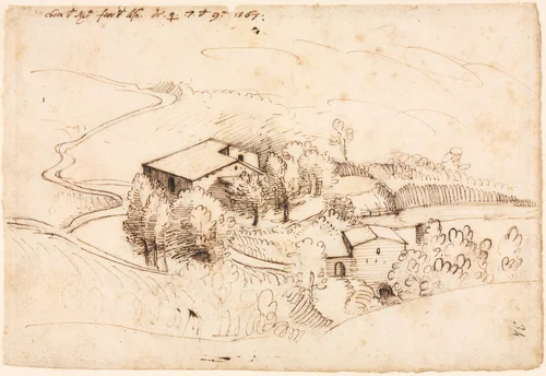 Farm with Trees in a Hilly Landscape (recto) by Gherardo Cibo, drawing, 1567