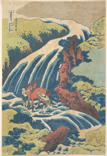 The Waterfall Where Yoshitsune Washed His Horse at Yoshino in Yamato Province (Washū Yoshino Yoshitsune uma arai no taki), from the series A Tour of Waterfalls in Various Provinces (Shokoku taki meguri) by Katsushika Hokusai (葛飾 北斎), print, 1822-1842