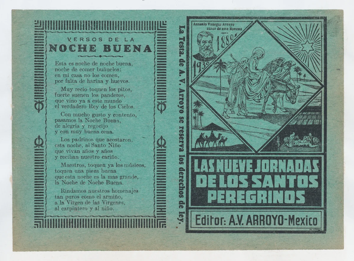 Cover for 'Las Nueves Jornadas de los Santos Peregrinos', Mary on horseback and Joseph being guided through Egypt by an angel by José Guadalupe Posada, print, 1875-1885