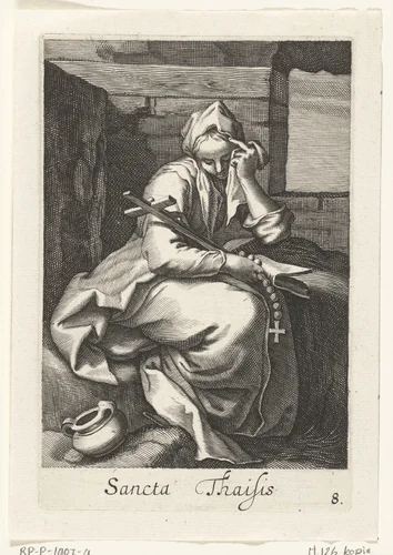 Heilige Thaïs van Alexandrië als kluizenares by anonymous, print, 1590-1662
