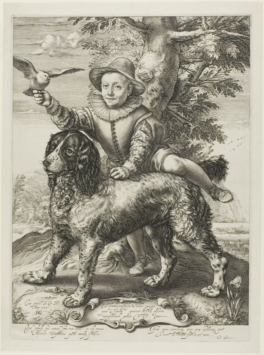 Vries, Frederik de (died 1613) son of the painter Dirck de Vries, pupil of Goltzius, with Goltzius's dog by Hendrick Goltzius, print, 1597