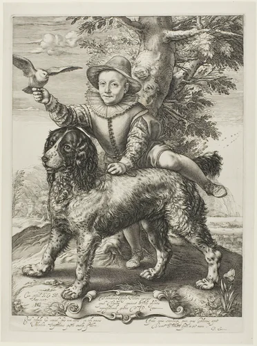 Vries, Frederik de (died 1613) son of the painter Dirck de Vries, pupil of Goltzius, with Goltzius's dog by Hendrick Goltzius, print, 1597