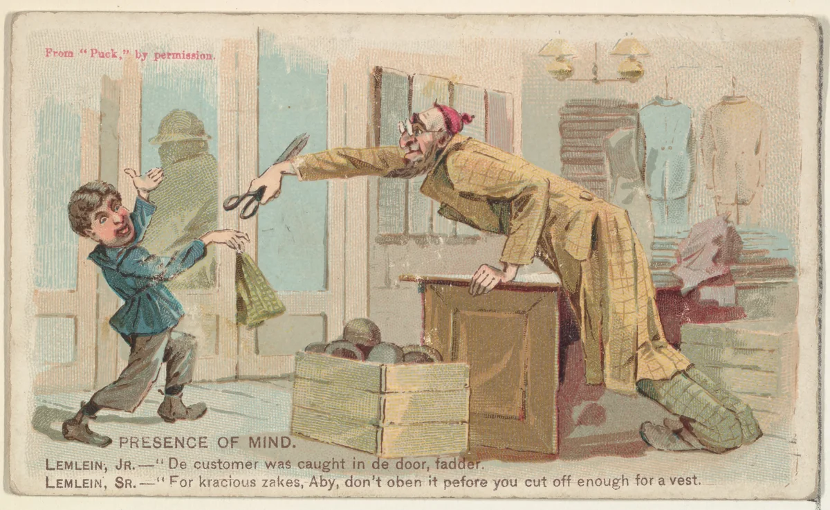 Presence of Mind, from the Snapshots from "Puck" series (N128) issued by Duke Sons & Co. to promote Honest Long Cut Tobacco by W. Duke, Sons & Co., print, 1888