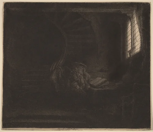 St. Jerome in a Dark Chamber by Rembrandt van Rijn, print, 1642