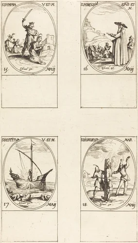 St. Dympna; St. Peregrinus; St. Restituta; St. Dioscorus by Jacques Callot, print, 1627-1637