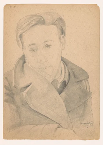 Zelfportret in grote jas: Zollamt Wien: B-1-1, 25 januari by Cor van Teeseling, drawing, 1942