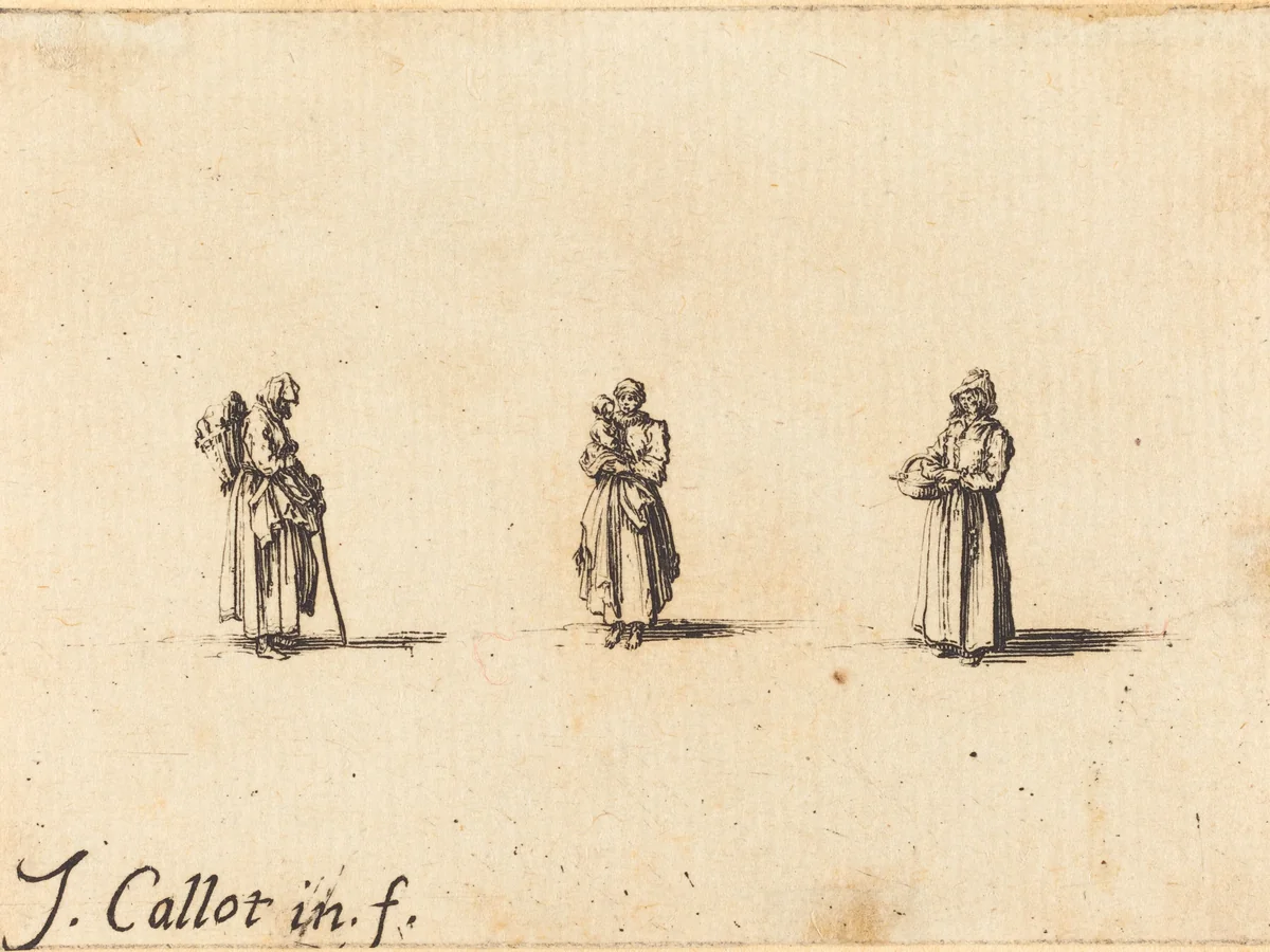 Three Women, One Holding a Child by Jacques Callot, print, 1628-1638