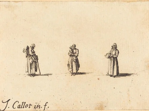 Three Women, One Holding a Child by Jacques Callot, print, 1628-1638